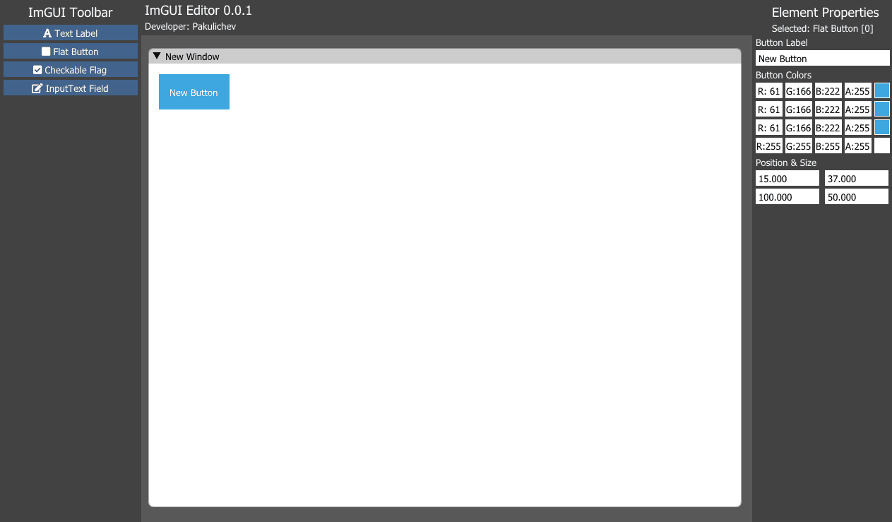 Окно ImGUI Editor 0.0.1: панель элементов, холст и свойства кнопки